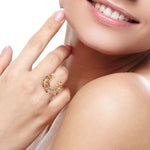 Multi Sapphire Marquise Round Gemstone Crescent Ring Made In 18K Yellow Gold Jewelry