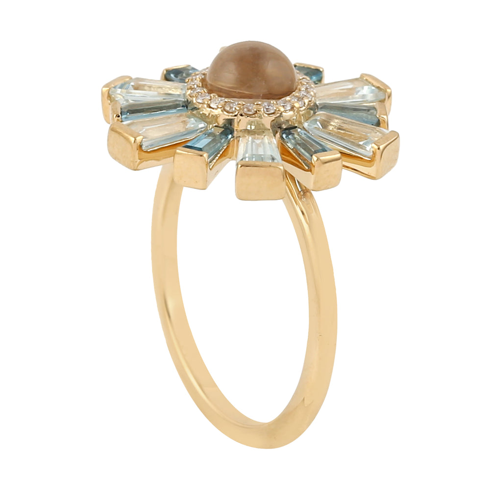 Tapered Blue Topaz Round Moonstone Pave Diamond Sunburst Cocktail Ring In Gold