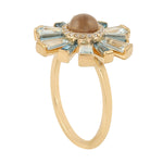 Tapered Blue Topaz Round Moonstone Pave Diamond Sunburst Cocktail Ring In Gold