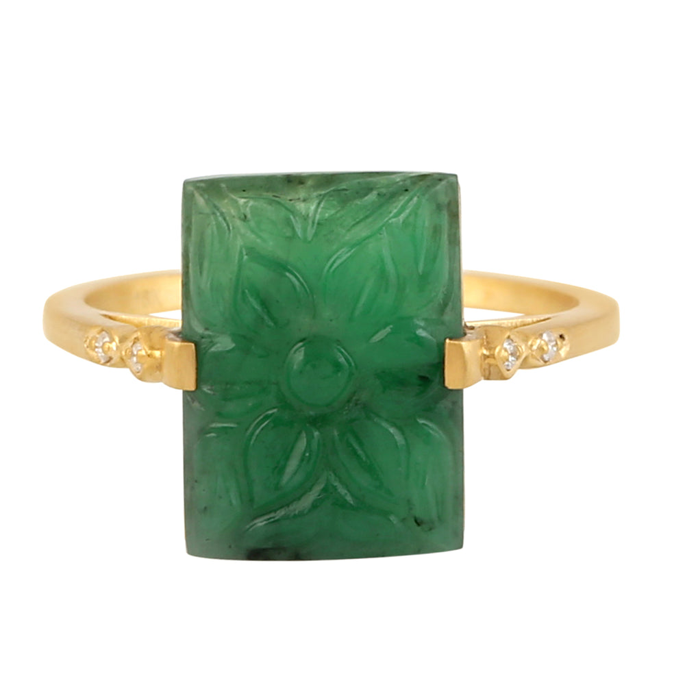 Hand Carved Floral Emerald Pave Diamond Designer Ring In 18k Yellow Gold