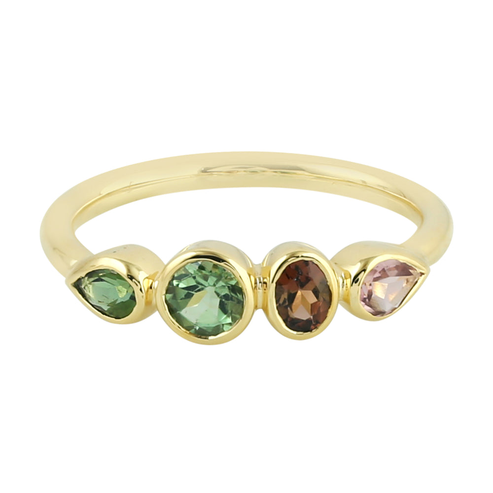 Natural Multicolor Tourmaline Bezel Set 14k Yellow Gold Band Ring