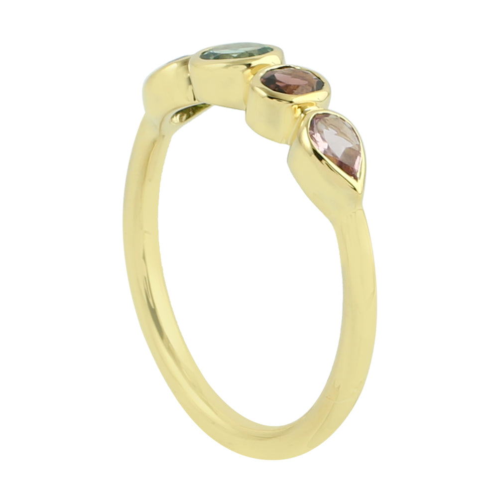 Natural Multicolor Tourmaline Bezel Set 14k Yellow Gold Band Ring