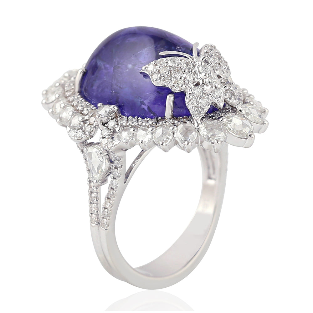 Oval Cut Tanzanite Prong Set Rose Cut Diamond Butterfly Cocktail Ring In White Gold