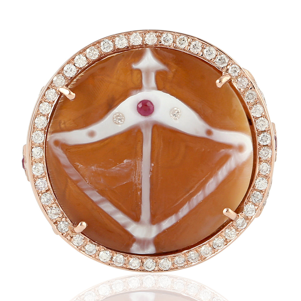 Faceted Ruby Pave Diamond Shelll Cameos Archery 18k Rose Gold Ring For Women