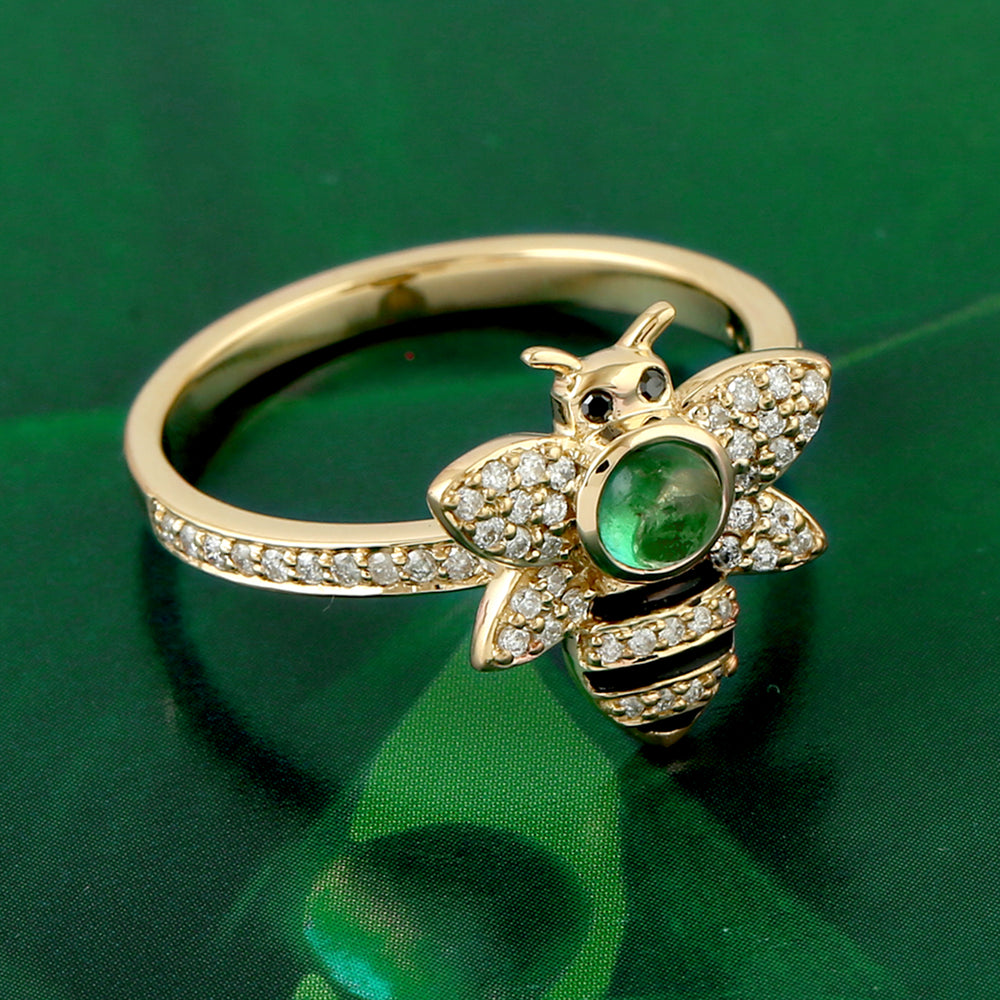 18K Yellow Gold Pave Diamond Bezel Set Emerald Honeybee Enamel Ring For Women's