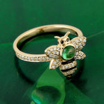 18K Yellow Gold Pave Diamond Bezel Set Emerald Honeybee Enamel Ring For Women's