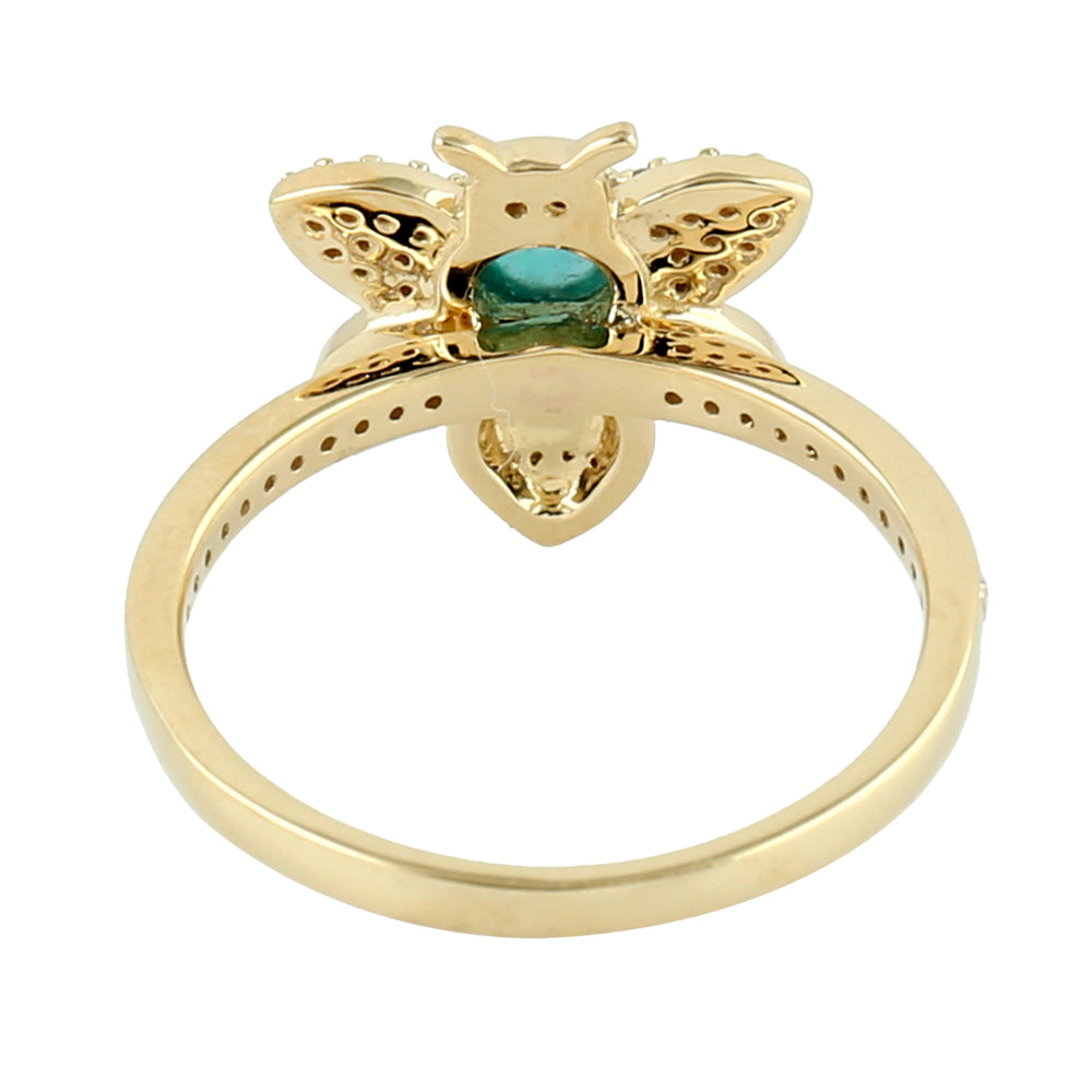 18K Yellow Gold Pave Diamond Bezel Set Emerald Honeybee Enamel Ring For Women's