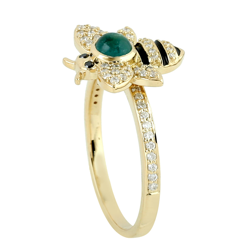 18K Yellow Gold Pave Diamond Bezel Set Emerald Honeybee Enamel Ring For Women's