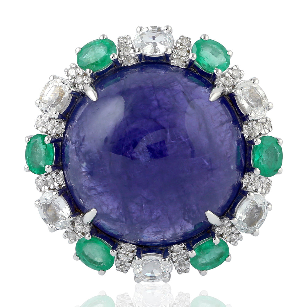 Blue Sapphire Prong Tanzanite Round Cut Emerald Pave Diamond Ring in White Gold