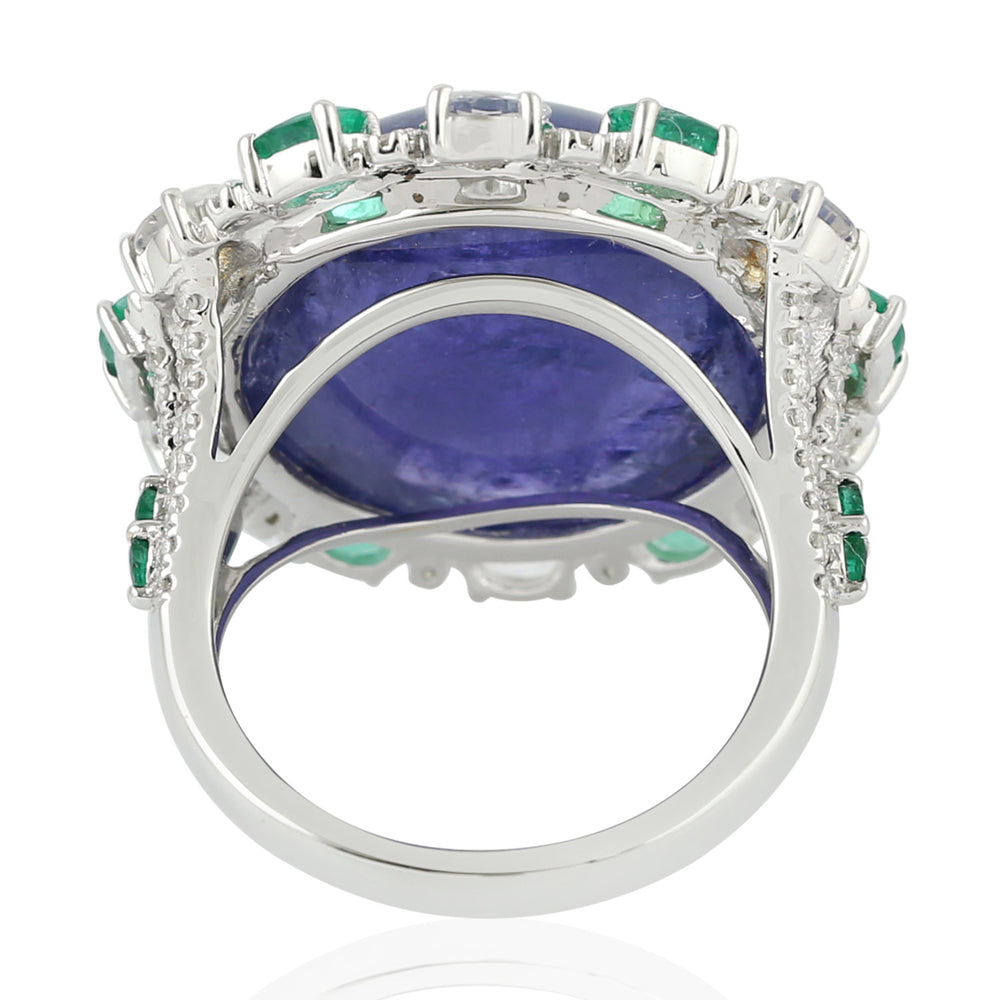 Blue Sapphire Prong Tanzanite Round Cut Emerald Pave Diamond Ring in White Gold