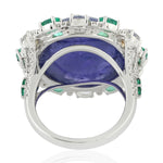 Blue Sapphire Prong Tanzanite Round Cut Emerald Pave Diamond Ring in White Gold