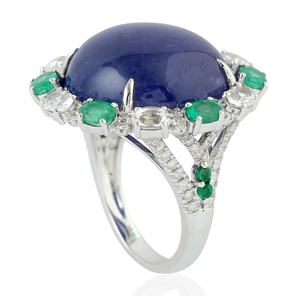 Blue Sapphire Prong Tanzanite Round Cut Emerald Pave Diamond Ring in White Gold
