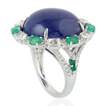 Blue Sapphire Prong Tanzanite Round Cut Emerald Pave Diamond Ring in White Gold