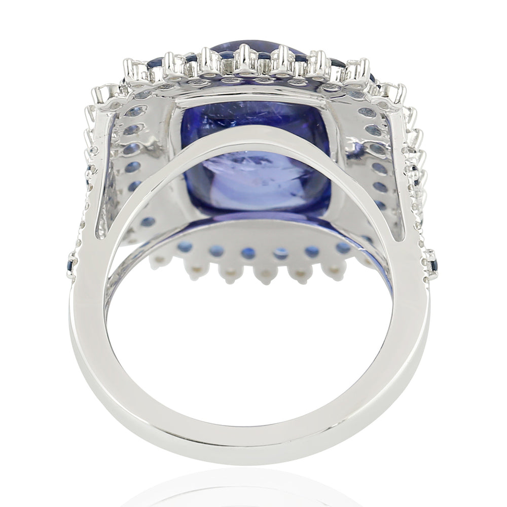 Cushion Cut Tanzanite Prong Blue Sapphire Pave Diamond Cocktail Ring In White Gold