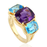 Cushion Cut Amethyst Prong Blue Topaz Three Stone Ring In Yellow Gold