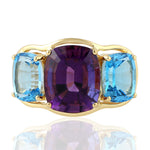 Cushion Cut Amethyst Prong Blue Topaz Three Stone Ring In Yellow Gold