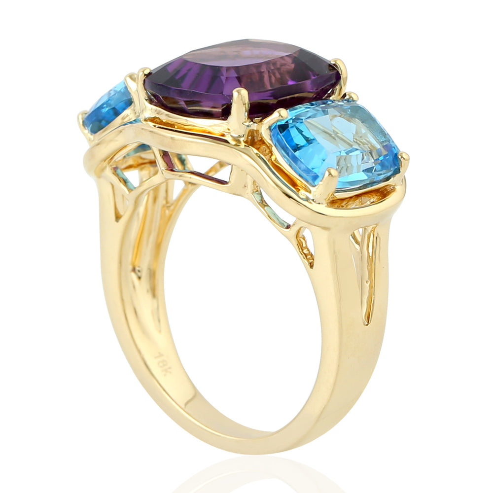 Cushion Cut Amethyst Prong Blue Topaz Three Stone Ring In Yellow Gold