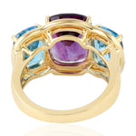 Cushion Cut Amethyst Prong Blue Topaz Three Stone Ring In Yellow Gold