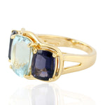 Cushion Cut Aquamarine Prong Iolite Beautiful Three Stone Ring In 18k Yellow Gold