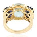 Cushion Cut Aquamarine Prong Iolite Beautiful Three Stone Ring In 18k Yellow Gold