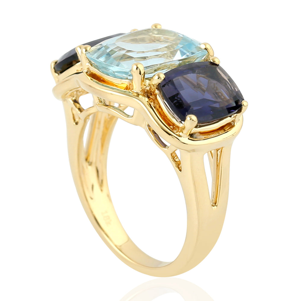 Cushion Cut Aquamarine Prong Iolite Beautiful Three Stone Ring In 18k Yellow Gold