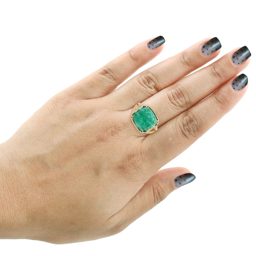 Carved Emerald Gemstone Pave Diamond Cocktail Ring In 18K Yellow Gold