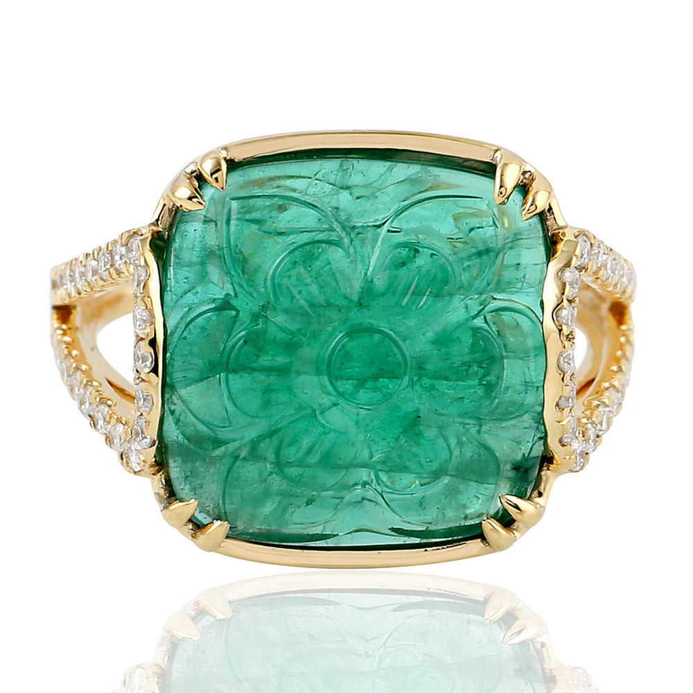 Carved Emerald Gemstone Pave Diamond Cocktail Ring In 18K Yellow Gold