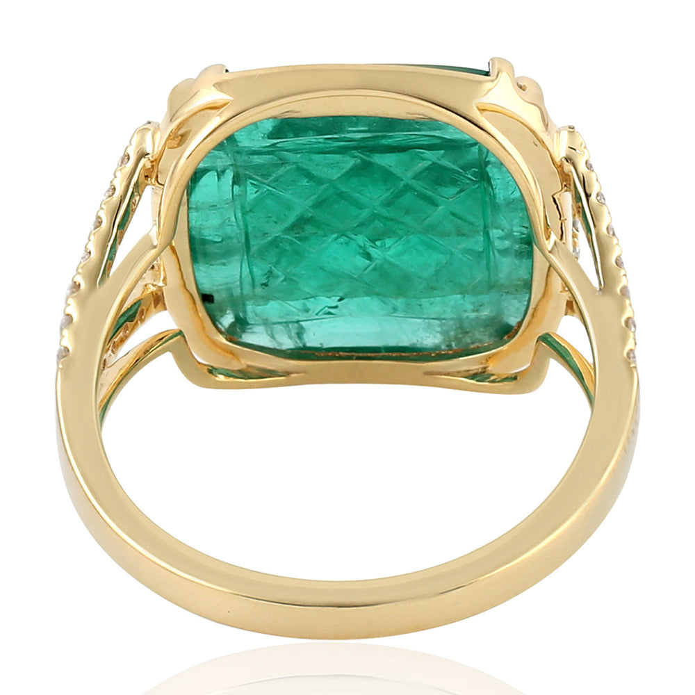 Carved Emerald Gemstone Pave Diamond Cocktail Ring In 18K Yellow Gold