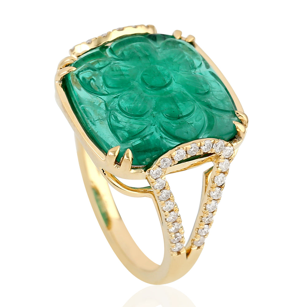 Carved Emerald Gemstone Pave Diamond Cocktail Ring In 18K Yellow Gold