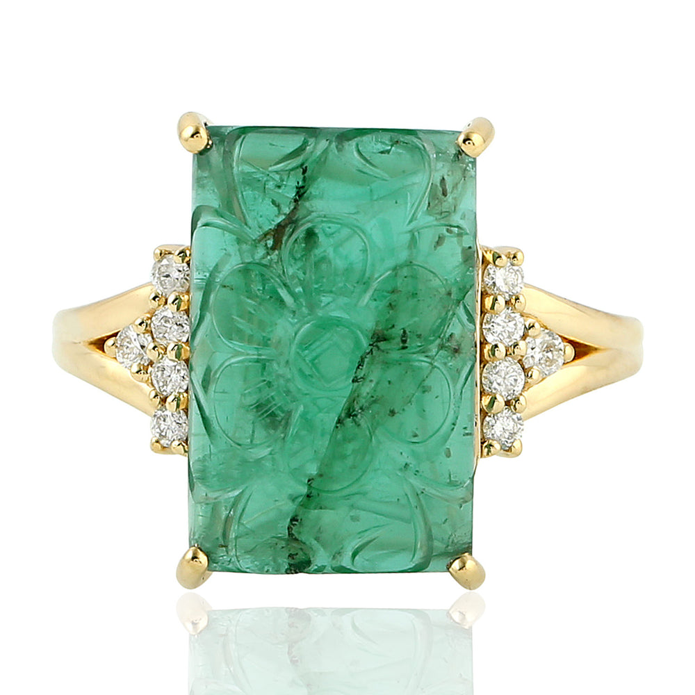 Carved Floral Emerald Pave Diamond Prong Set 18k Yellow Gold Ring Jewelry