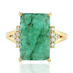 Carved Floral Emerald Pave Diamond Prong Set 18k Yellow Gold Ring Jewelry