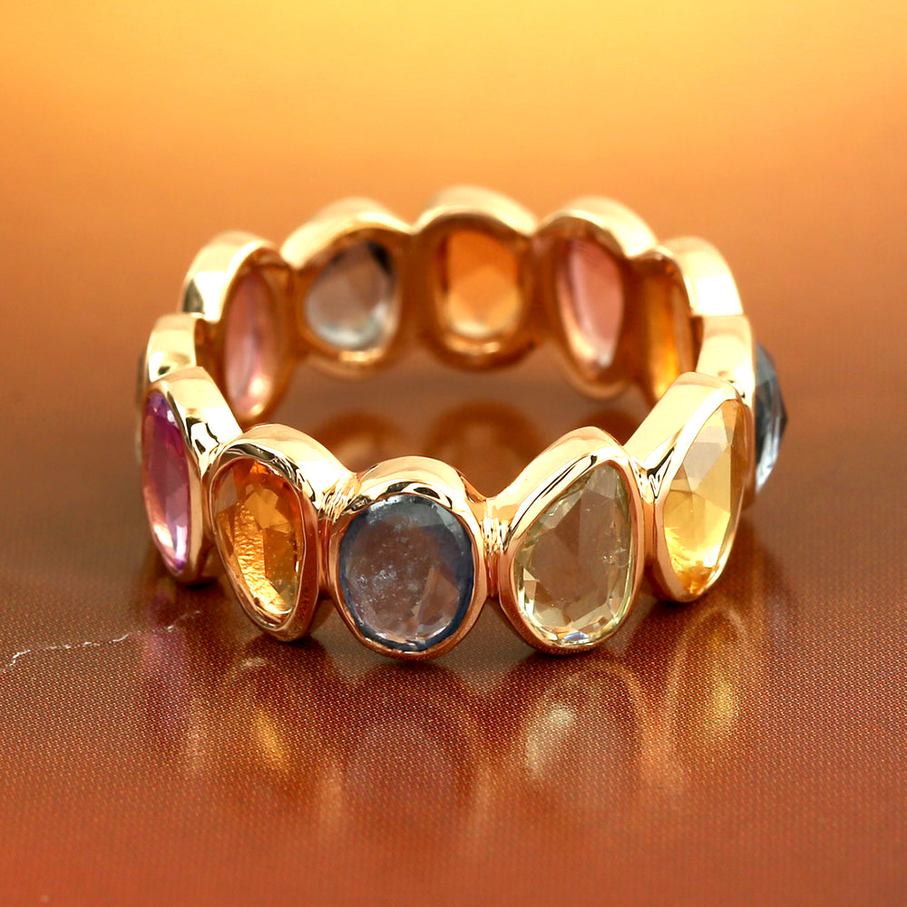 Bezel Set Multi Sapphire Gemstone Eternity Band Ring In 18K Rose Gold