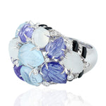 Handcarved Topaz Tanzanite Moonstone Onyx Diamond Cluster Ring In 18k White Gold For Her