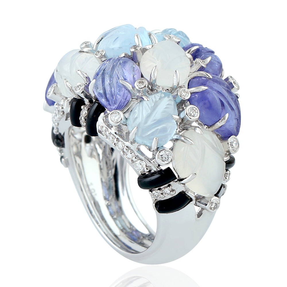 Carved Topaz Tanzanite Moonstone Onyx Diamond Designer Ring In 18K White Gold