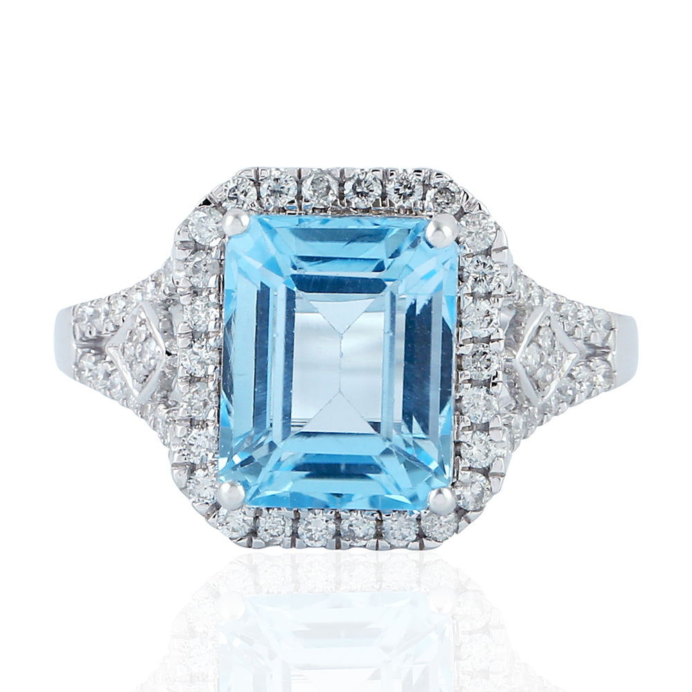 Octagon Cut Blue Topaz Pave Diamond Beautiful Ring In 18K White Gold