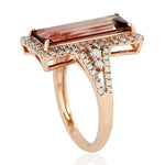 Baguette Cut Pink Tourmaline Pave Diamond In 18k Rose Gold Long Ring