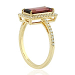 Baguette Pink Tourmaline Pave Diamond In 18k Yellow Gold Designer Ring For Her