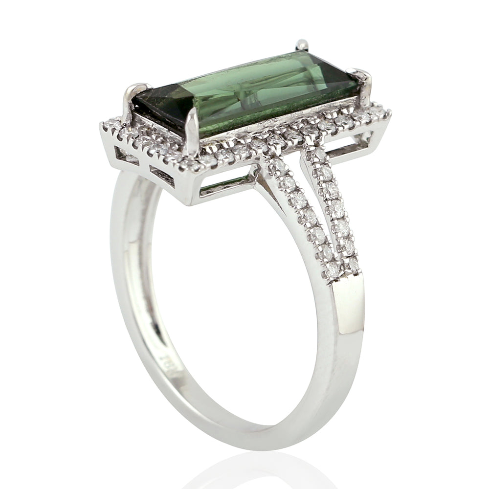 Baguette Cut Tourmaline Pave Diamond In 18k White Gold Engagement Ring For Her
