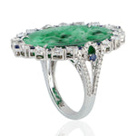 Carved Jade Pave Rose Cut Diamond Prong Blue Sapphire Cocktail Ring In 18k White Gold