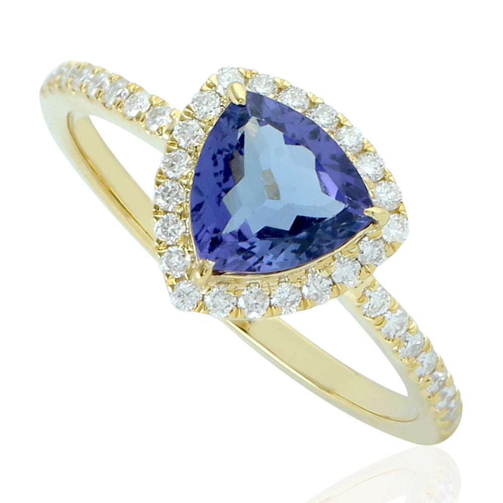 14k Yellow Gold Trillion Tanzanite Pave Diamond Halo Geometric Ring