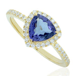 14k Yellow Gold Trillion Tanzanite Pave Diamond Halo Geometric Ring