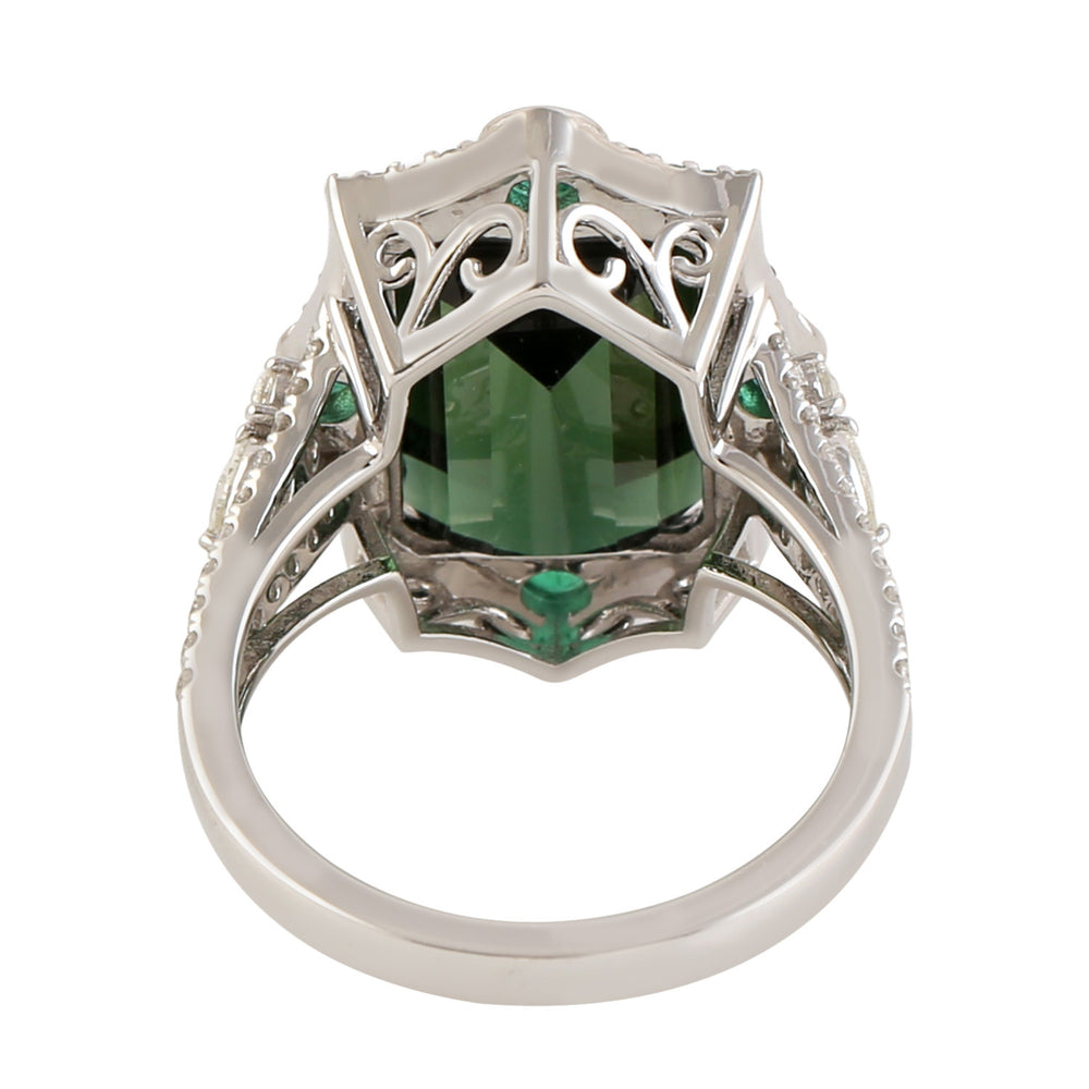 Handmade Emerald Cut Tourmaline, Emerald Pave Diamond Cocktail Ring In 18k White Gold