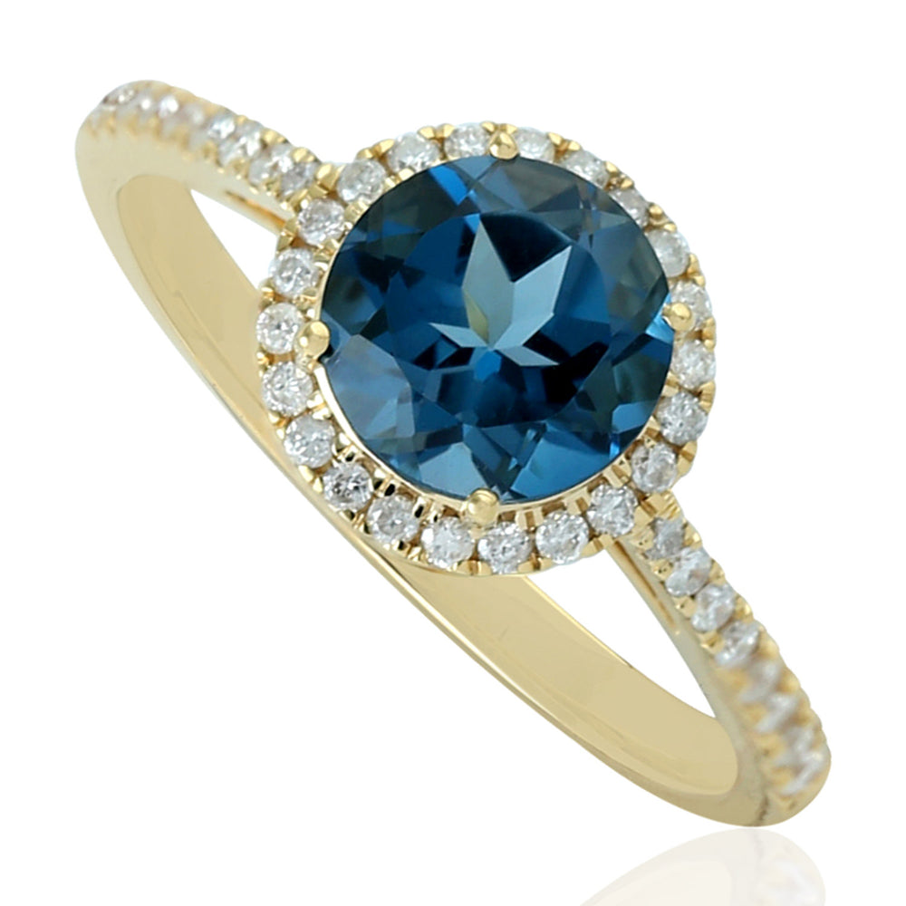 London Topaz Gemstone Pave Diamond Solitaire Ring In 18K Yellow Gold