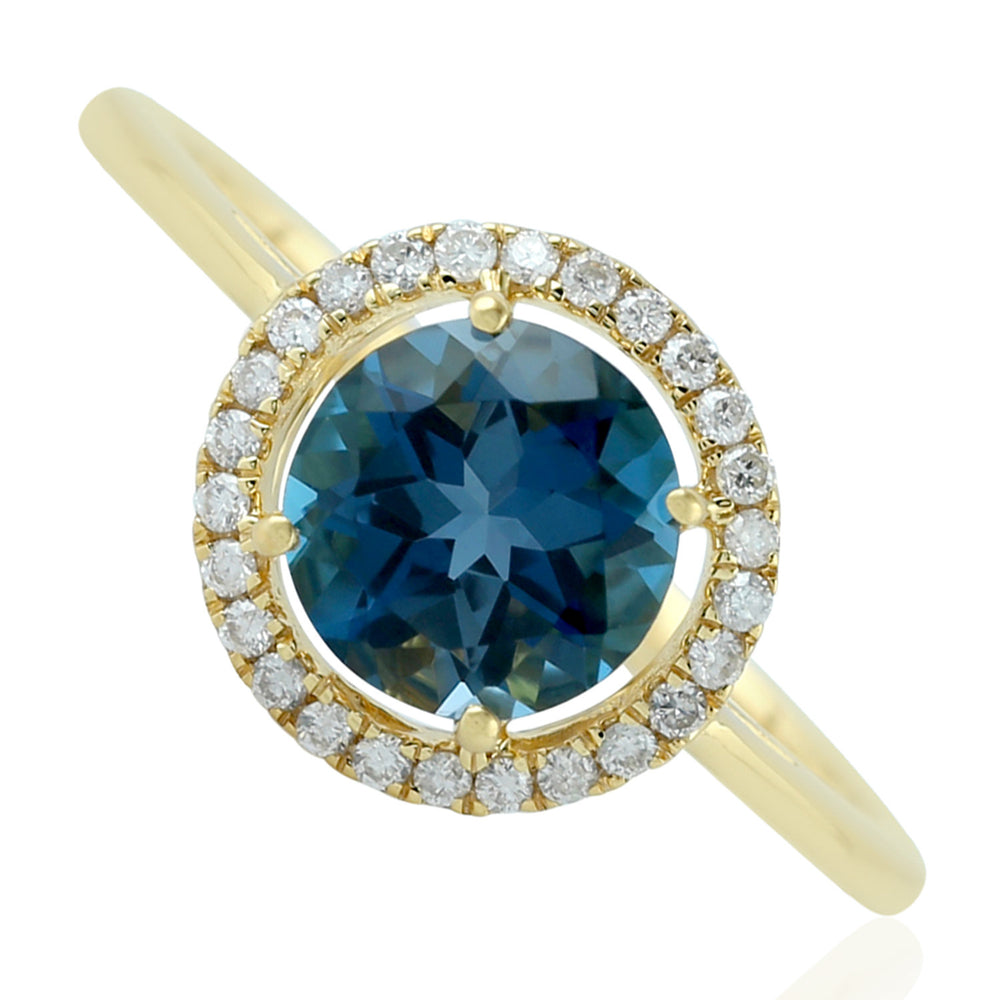 18K Yellow Gold Prong London Topaz Pave Diamond Solitaire Ring For Her
