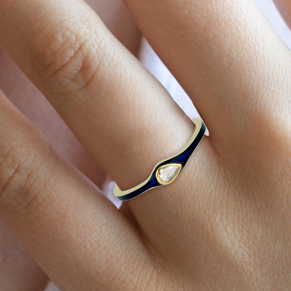 Bezel Set Rose Cut Diamond Enamel Band Ring In 14K Yellow Gold