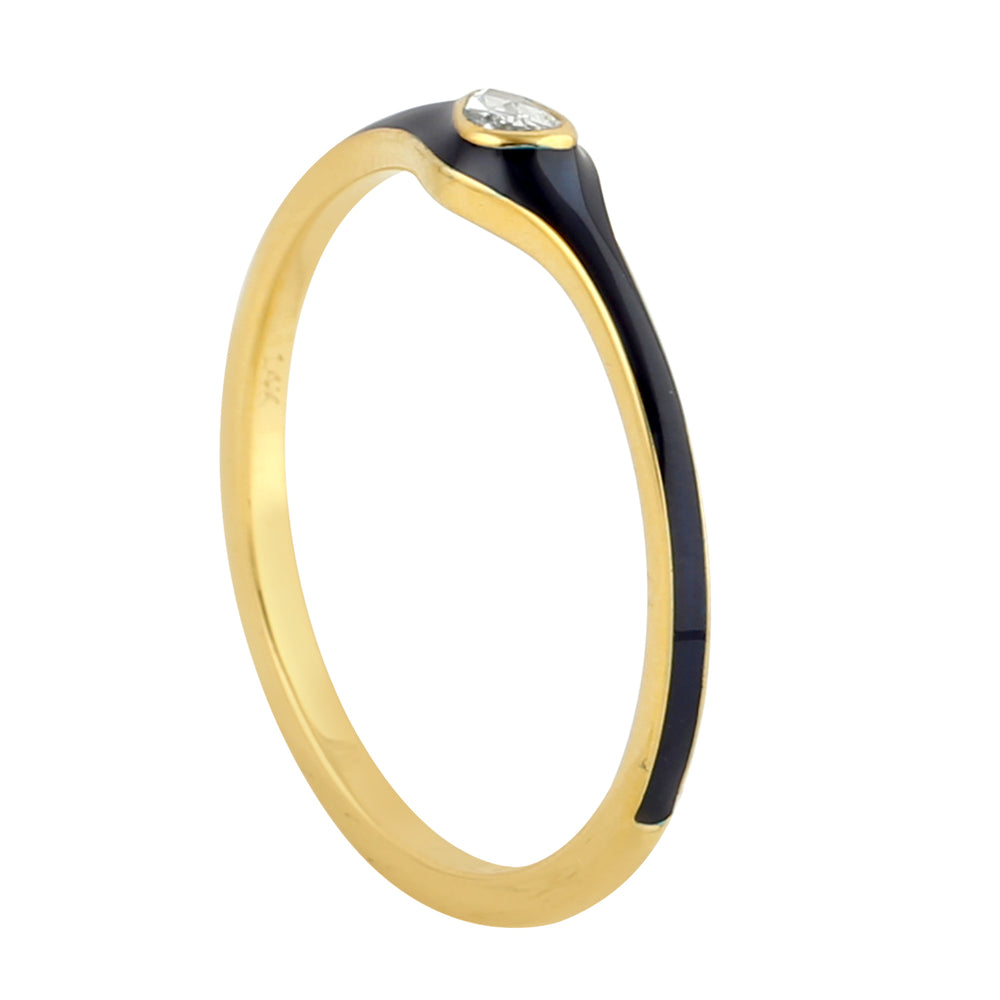 Bezel Set Rose Cut Diamond Enamel Band Ring In 14K Yellow Gold