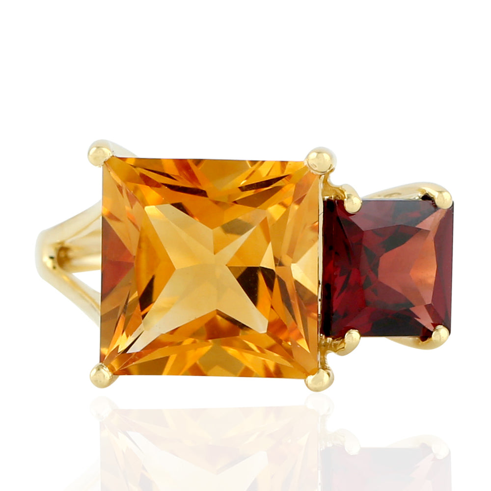Square Cut Citrine Garnet Gemstone Two Stone Ring In 14K Yellow Gold