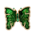 18k Yellow Gold Carved Jade Pave Diamond Butterfly Cocktail Ring Handmade Jewelry