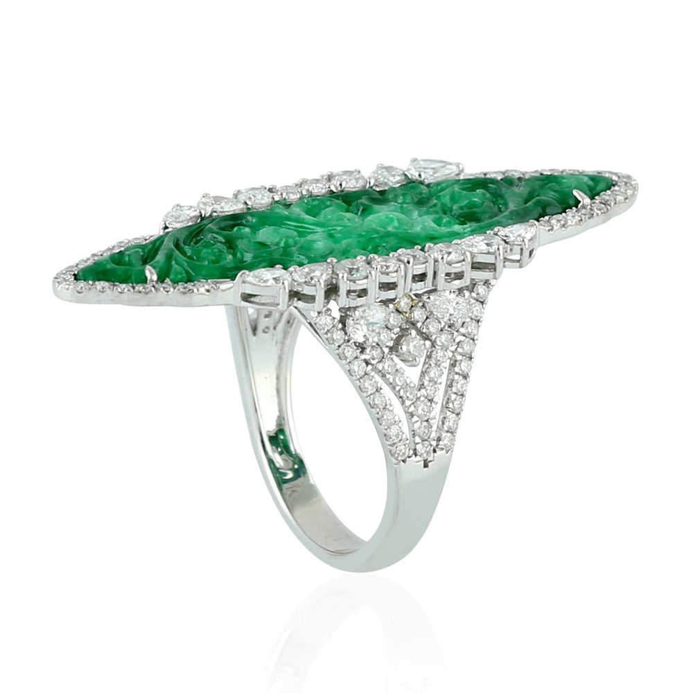 Handcarved Filigree Jade Diamond Marquise Shape Long Ring In 18k White Gold