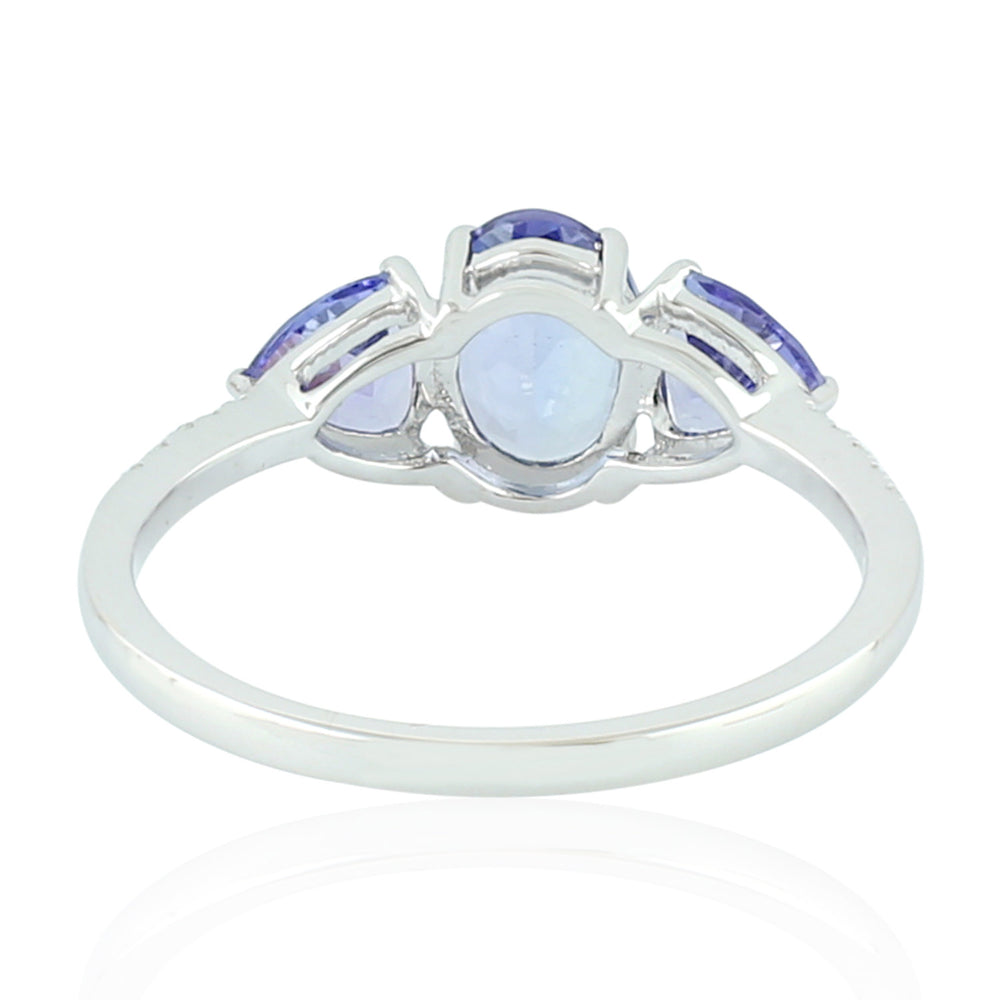 Natural Tanzanite Pave Diamond In 18k White Gold Three Stone Ring